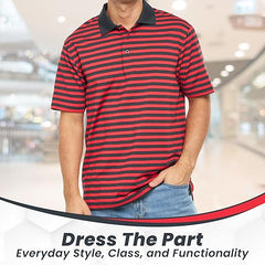BAAZ Men's Golf Polo Shirt • Anti-Odor Tech • UV Sun Protection UPF 50+ • Striped Performance Shirt