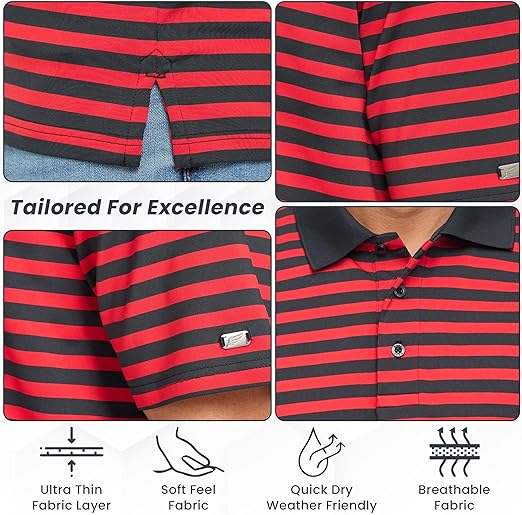 Men's Golf Polo Shirt • Anti-Odor Tech • UV Sun Protection UPF 50+ • Striped Performance Shirt